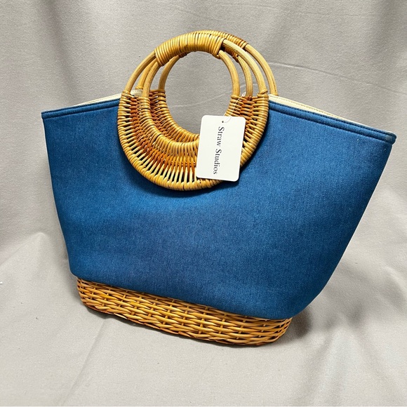 Straw Studios Handbags - Straw Studios Blue Denim Handmade Rattan Trimmed Zipper Close Tote Handbag